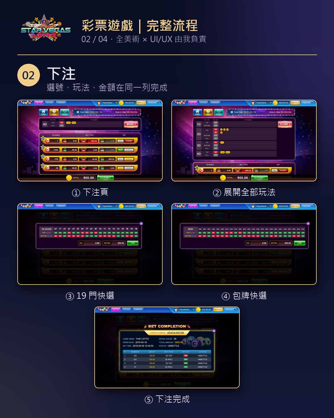 02 下注｜下注頁、展開玩法、19 門、包牌、完成